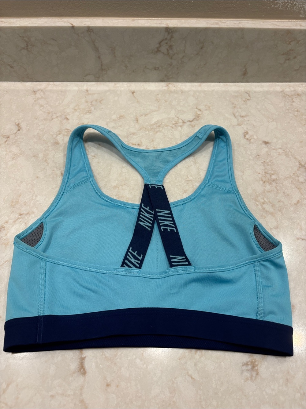 Nike Women's Aqua Blue Racerback Sports Bra with Navy Band - Picture 4 of 10